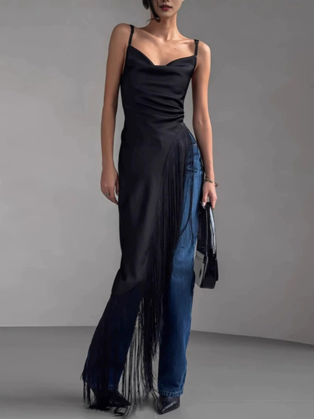 Forever 21 Dark Fringe Cowl Neck Spaghetti Strap Midi Dress Summer
